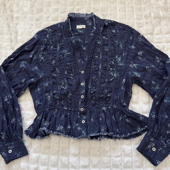 Pilcro Anthropologie Small Blue Floral Button Down Peplum Babydoll Blouse Top - Picture 5 of 9